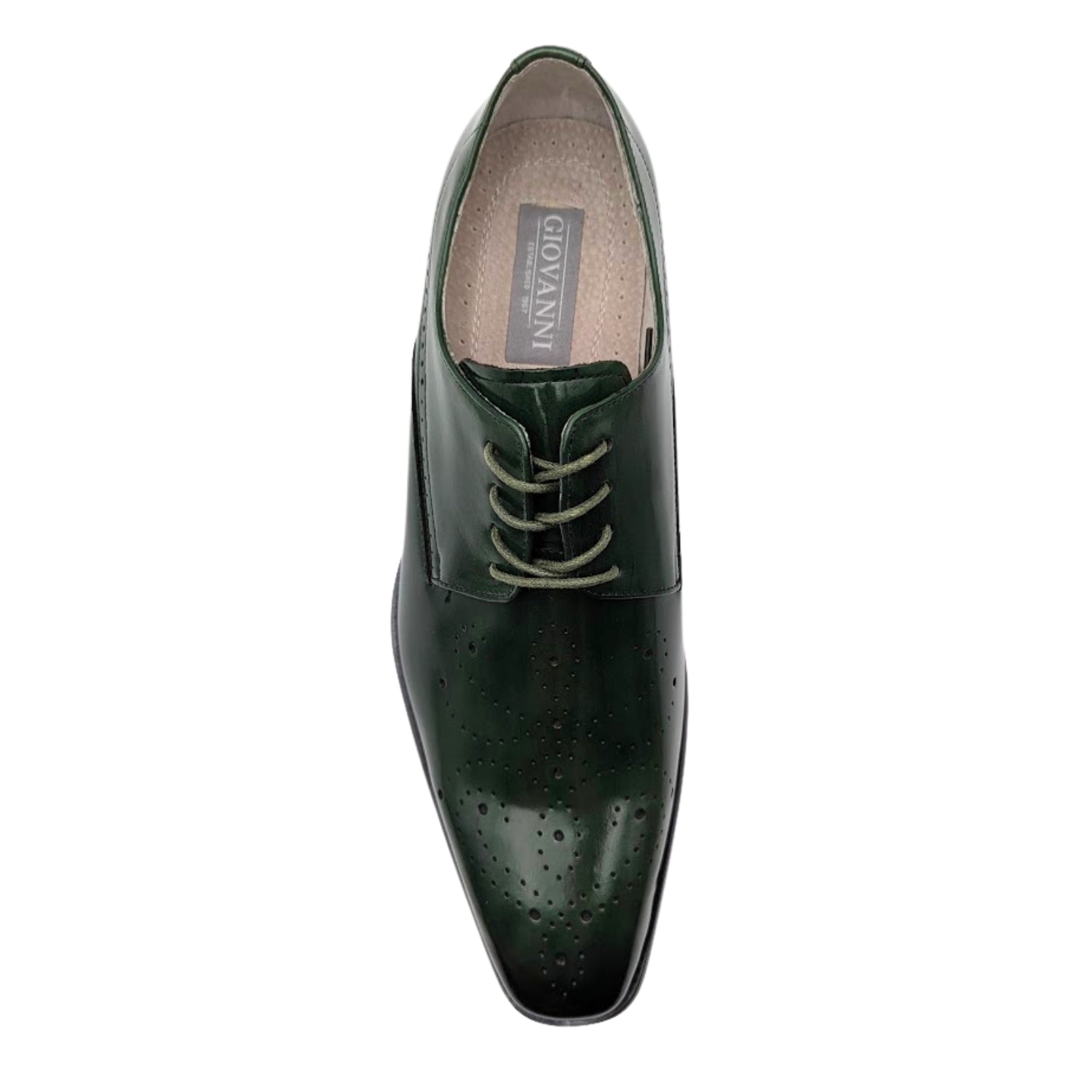 green genuine leather lace-up dress shoe with medallion toe top view