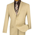 Close-up detail of beige solid color slim fit suit fabric and jacket front