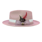 mauve straw fedora hat side view with feather, bow, and logo pin