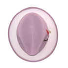 Lavender and white fedora hat top view with woven crown, white brim underside, lavender edge trim, and side feather accent