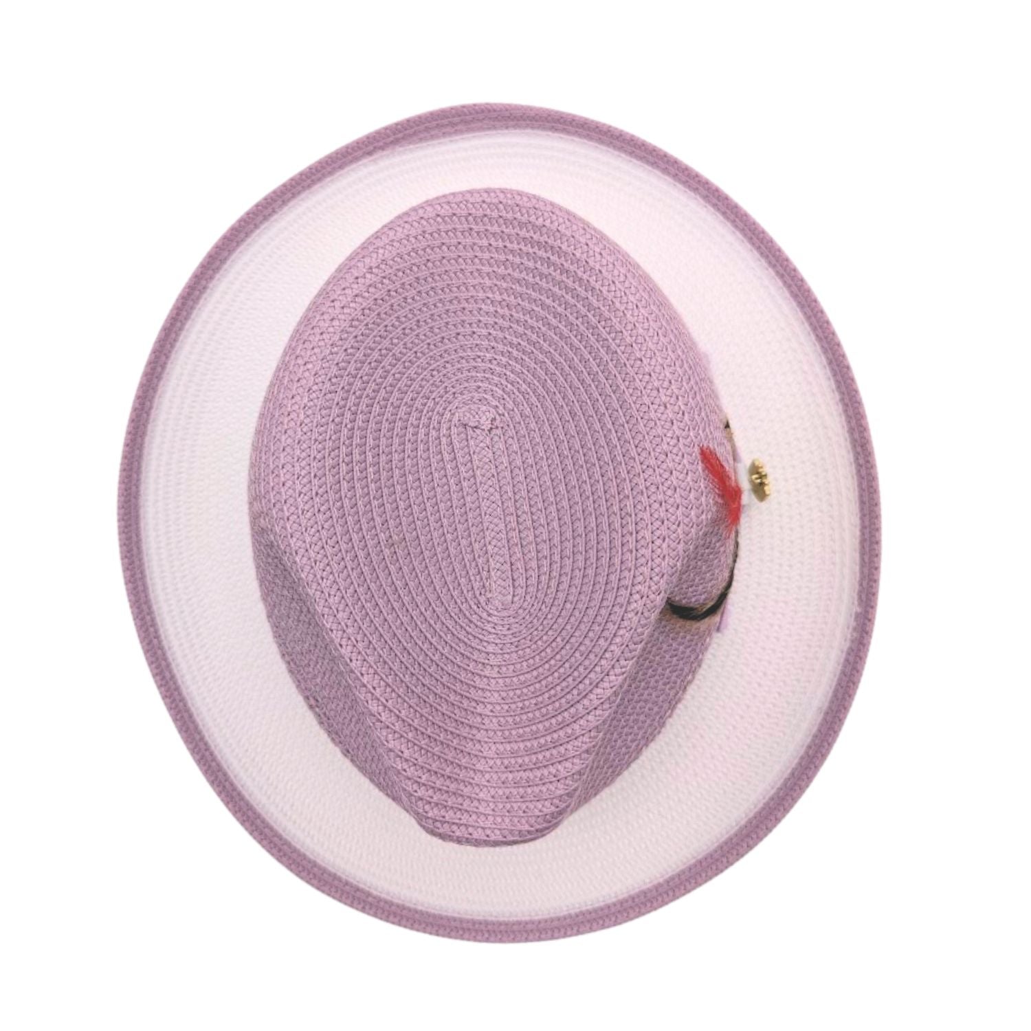 Lavender and white fedora hat top view with woven crown, white brim underside, lavender edge trim, and side feather accent