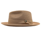 Camel Montique fedora hat side view with matching ribbon band, logo pin, and braided brim