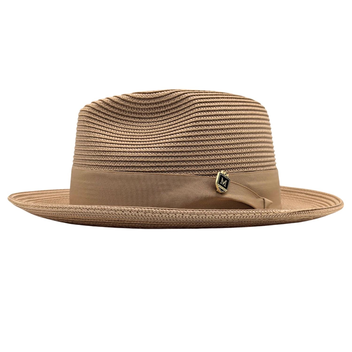 Camel Montique fedora hat side view with matching ribbon band, logo pin, and braided brim