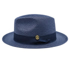 Montique navy straw fedora hat side view with navy ribbon band