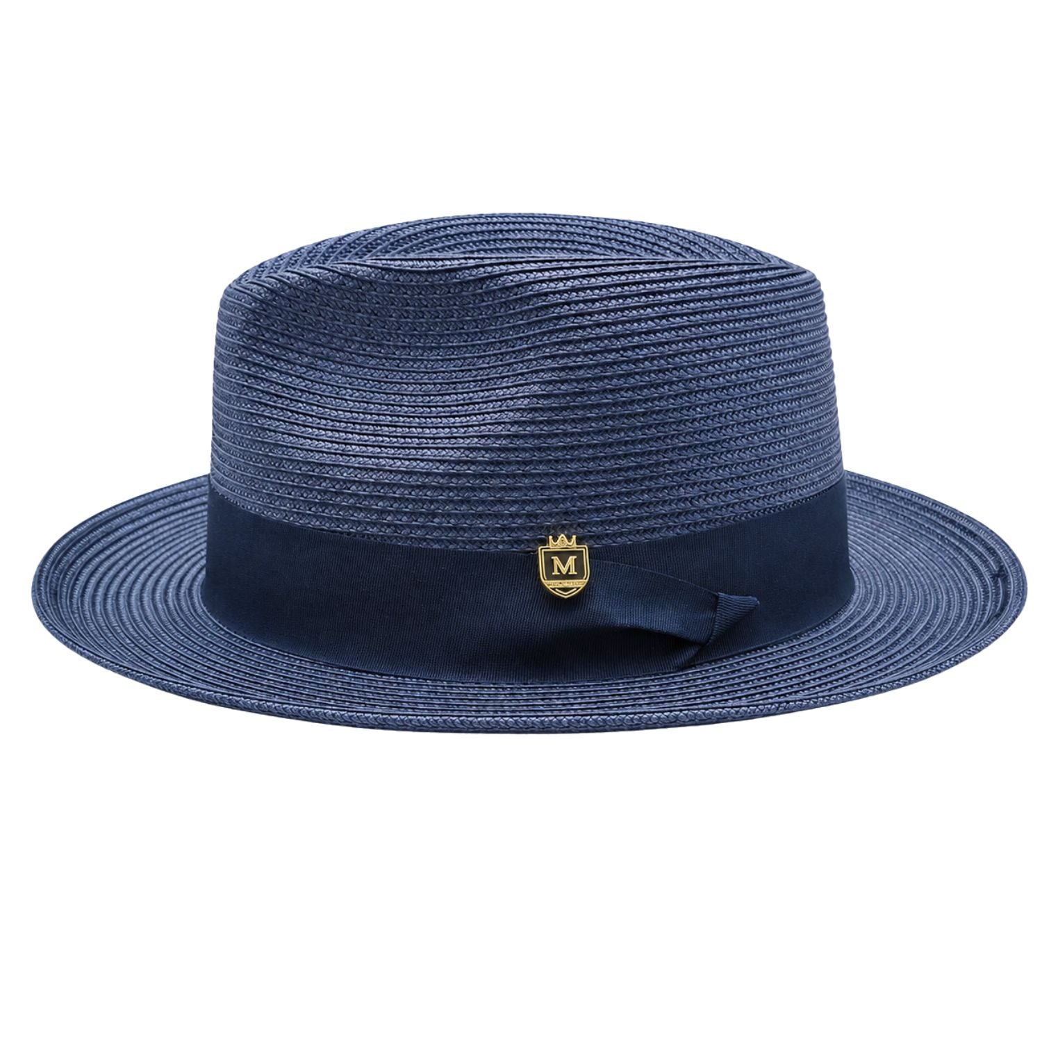 Montique navy straw fedora hat side view with navy ribbon band
