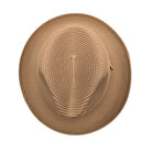 Camel Montique fedora hat top view with braided straw-style texture, pinch crown, and matching brim