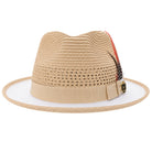 Beige and white fedora hat front view with open weave crown, beige hat band, white brim, feather accent, and Montique pin