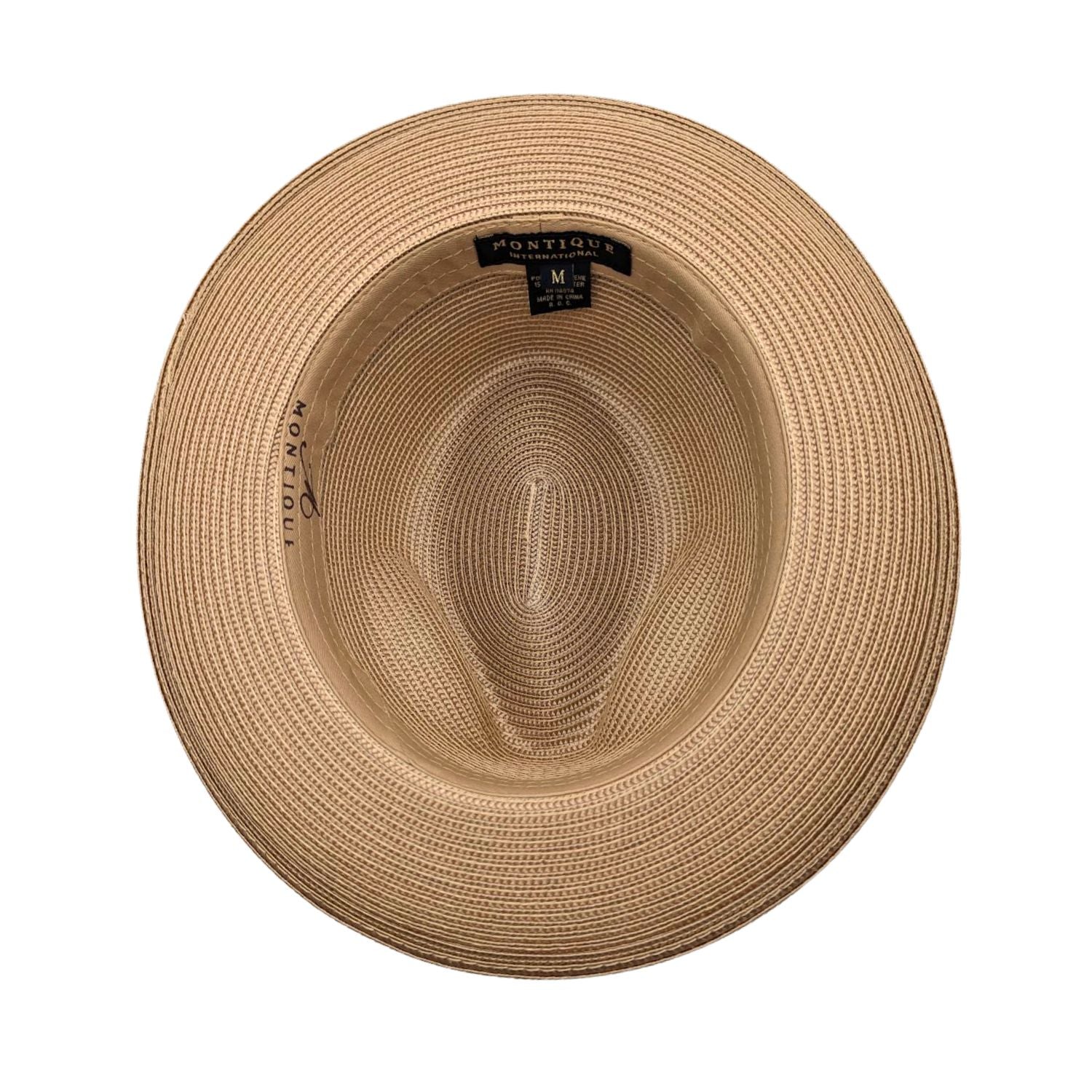 Camel Montique fedora hat interior view with braided crown, matching brim, and branded inner label