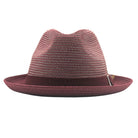 Burgundy fedora hat front view with white accent bow, burgundy band, and Montique pin