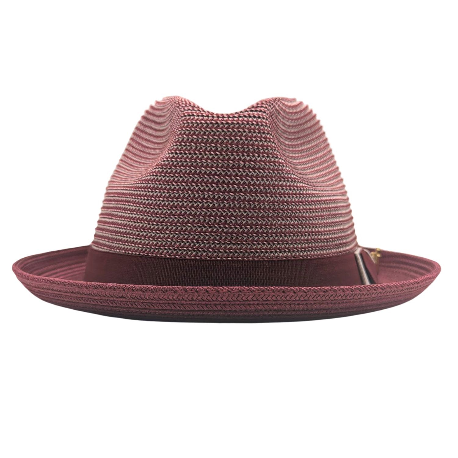 Burgundy fedora hat front view with white accent bow, burgundy band, and Montique pin