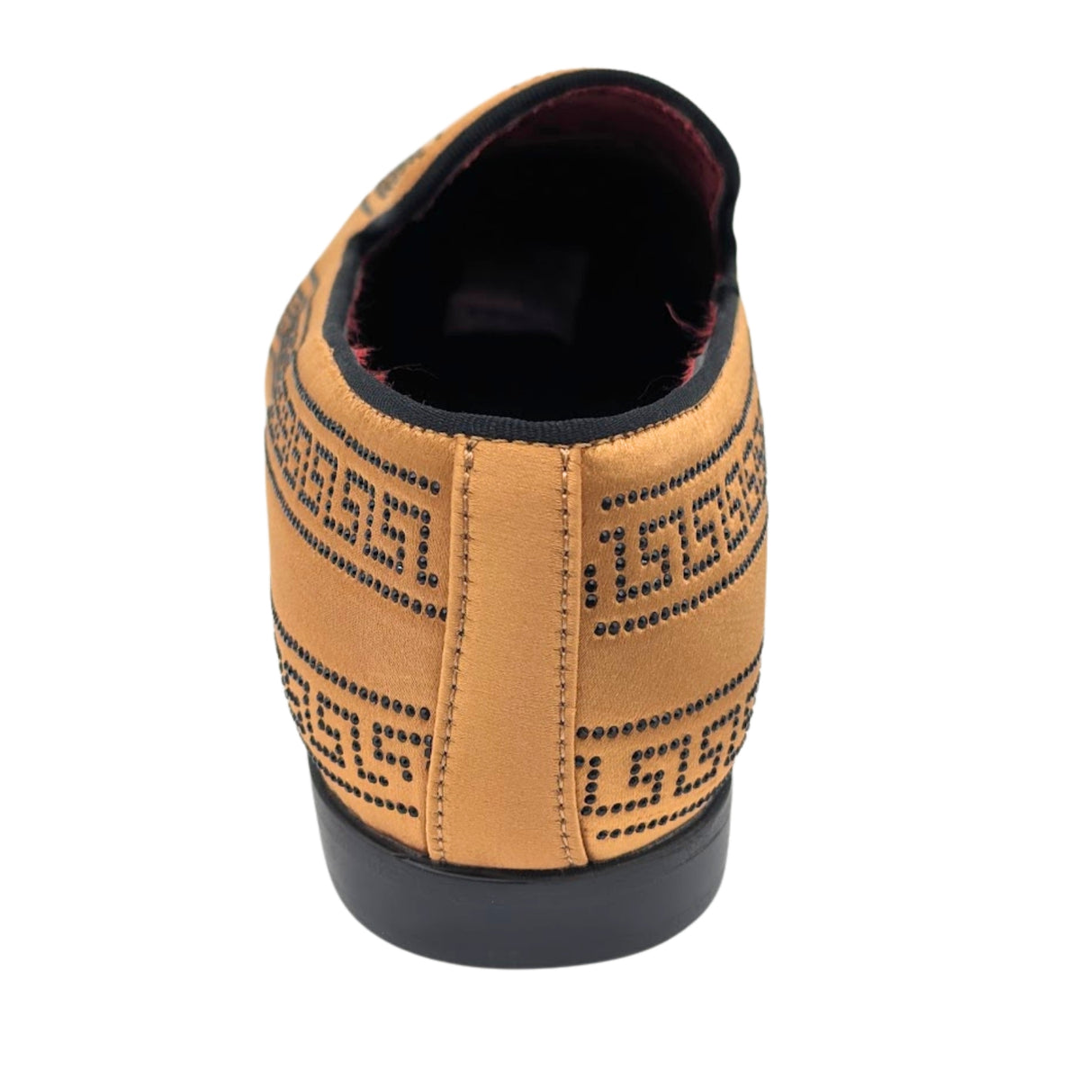 gold and black crystal studded satin smoking loafer rear view