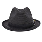 Montique black and white bottom straw fedora hat front view with white bow detail and logo pin