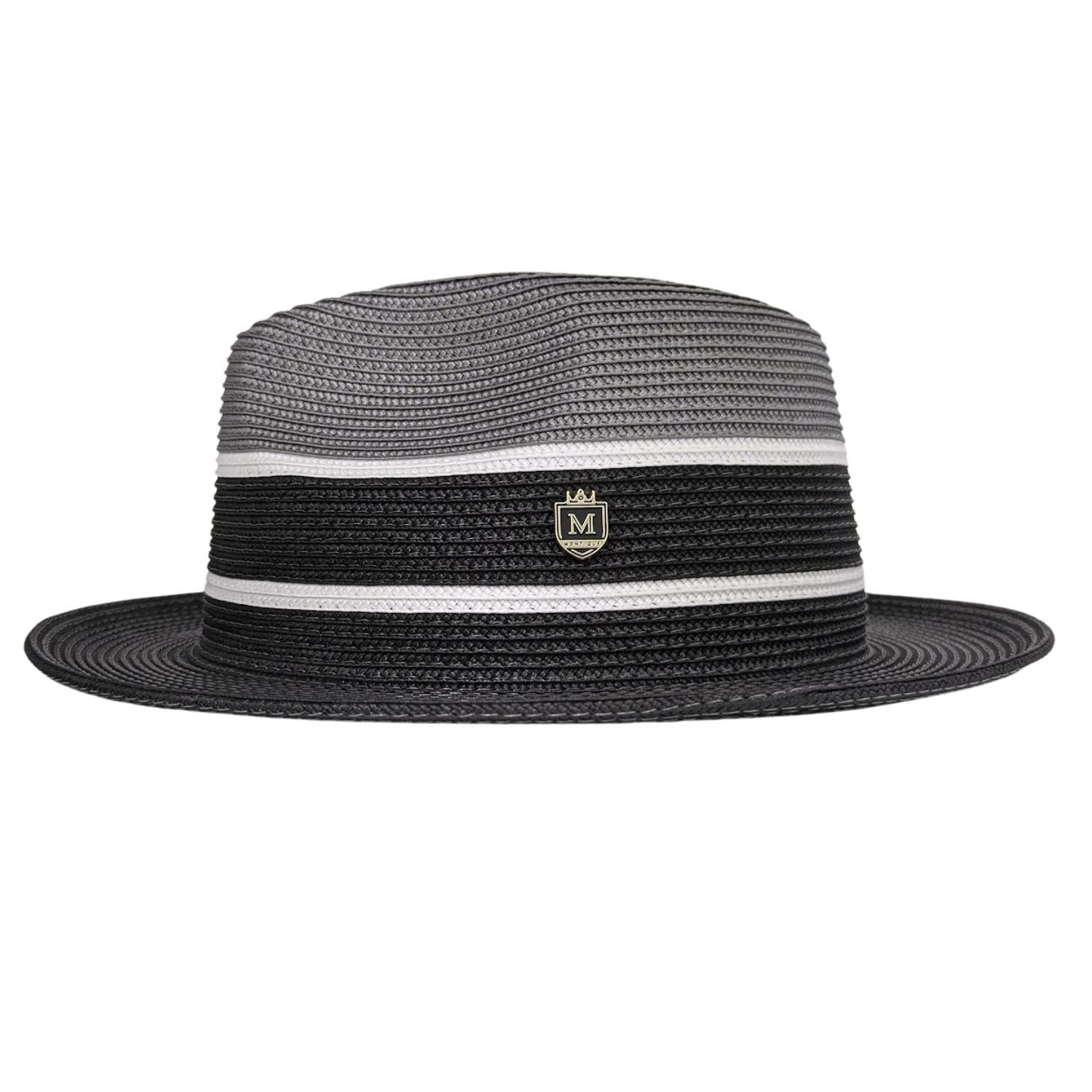 Black and grey Montique fedora hat side view with grey crown, black brim, white stripe accents, and Montique logo pin