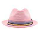 Montique pink straw fedora hat front view with multicolor striped band in mauve, blue, black, yellow, and royal