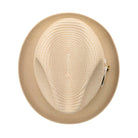 Beige Montique fedora hat top view with woven crown, matching brim, and side logo pin detail