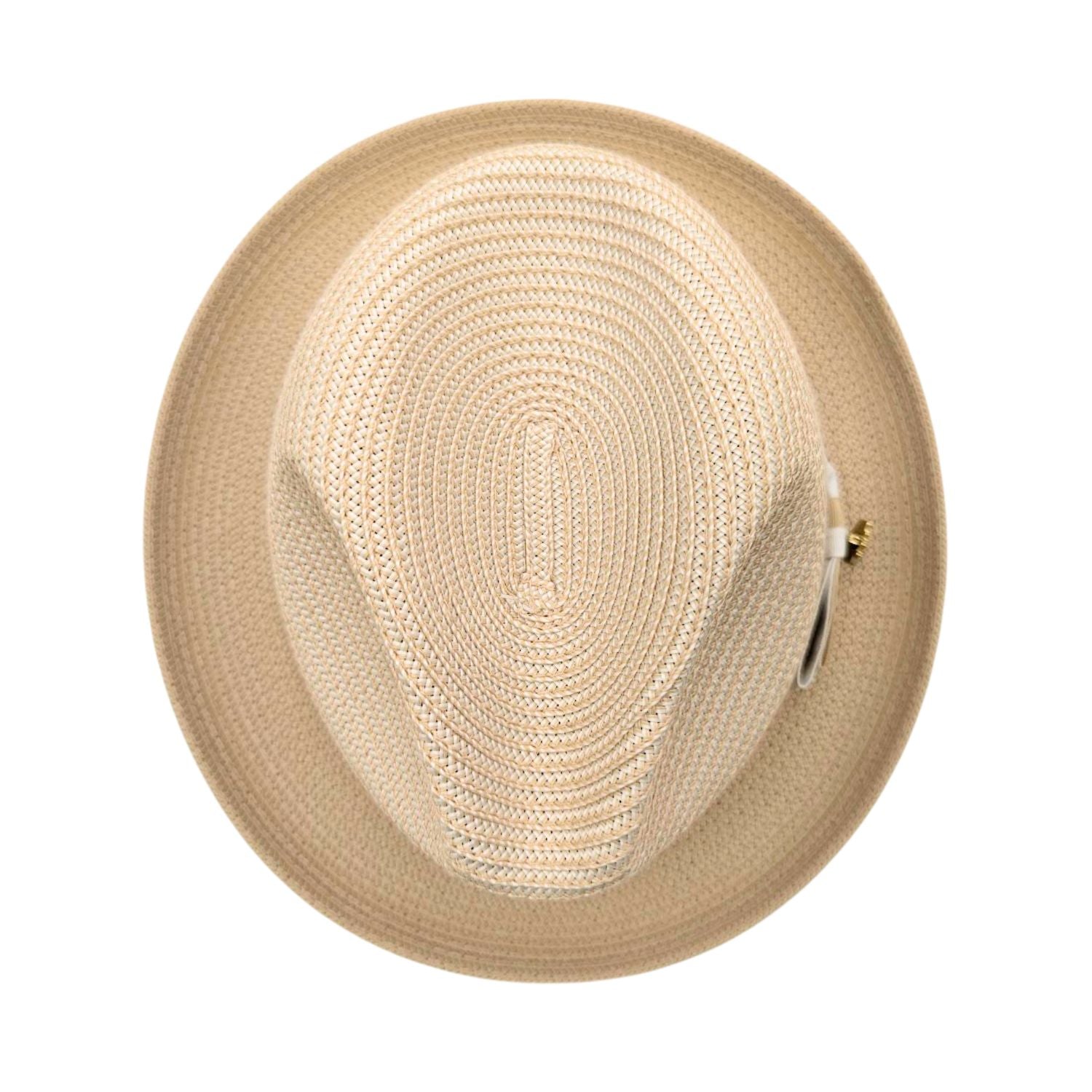 Beige Montique fedora hat top view with woven crown, matching brim, and side logo pin detail