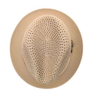 Beige Montique fedora hat top view with open woven crown, matching brim, and side feather detail