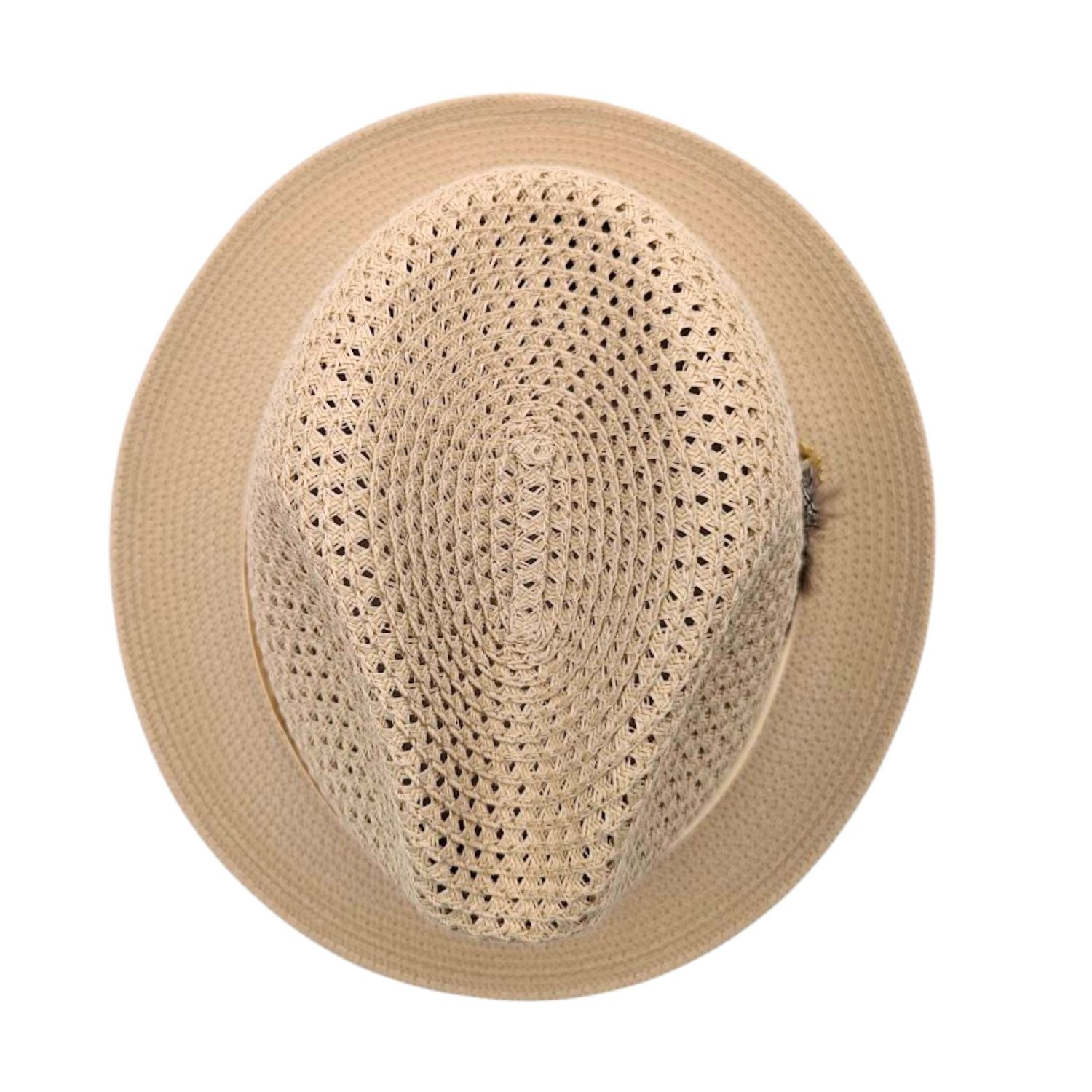 Beige Montique fedora hat top view with open woven crown, matching brim, and side feather detail