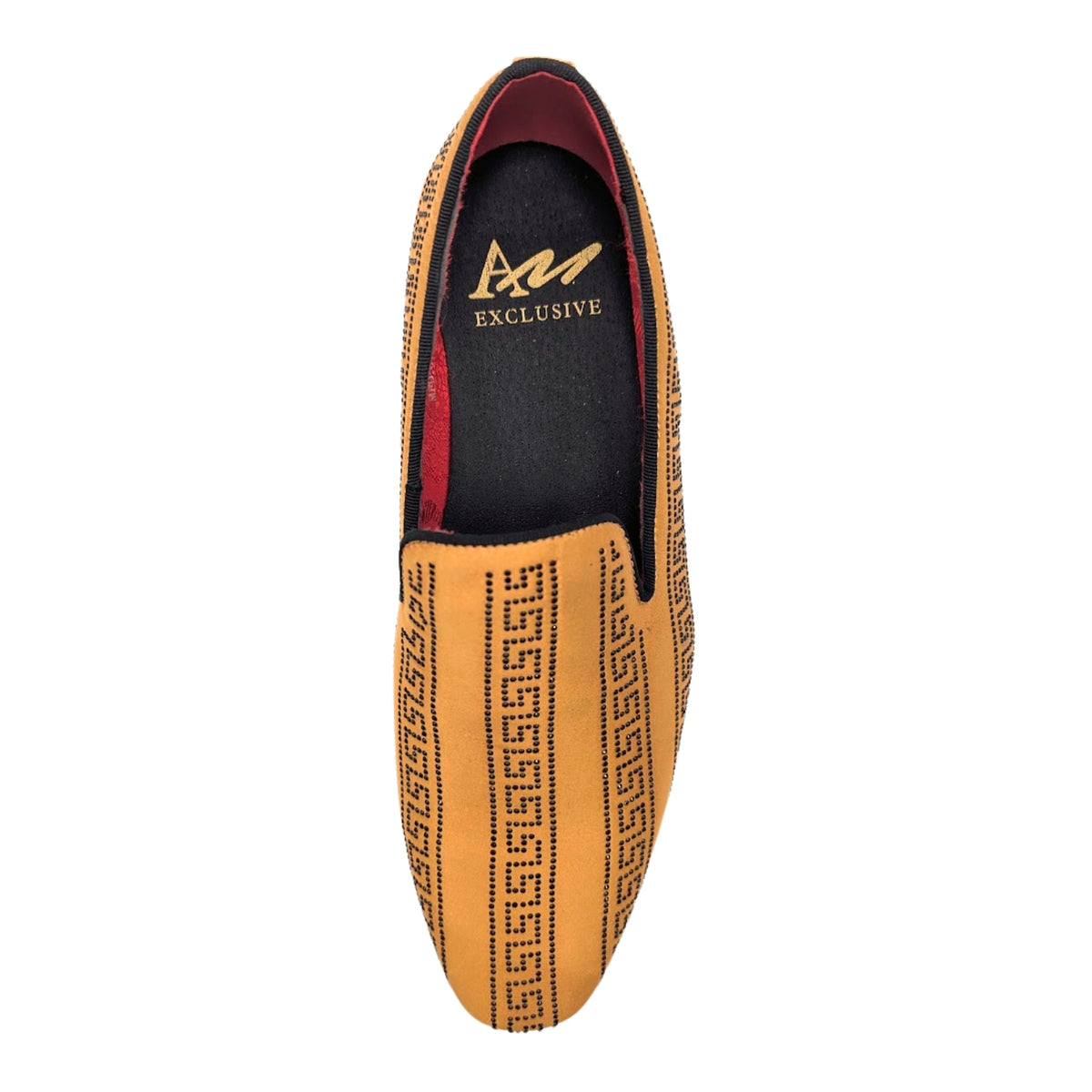 gold and black crystal studded satin smoking loafer top view