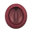 Burgundy fedora hat interior view showing woven crown, inner band, and structured brim
