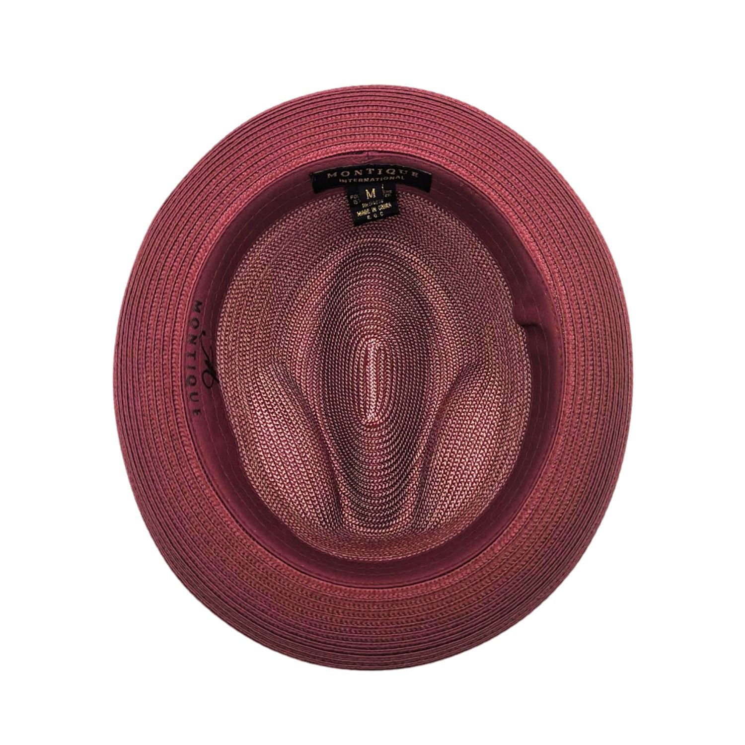 Burgundy fedora hat interior view showing woven crown, inner band, and structured brim