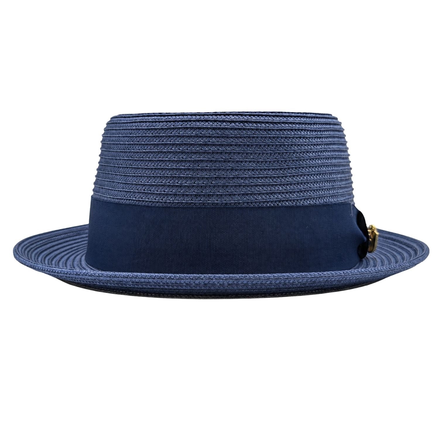 Montique navy straw pork pie hat back view with navy ribbon band