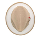 Beige and white fedora hat top view showing woven beige crown, white brim underside, tan trim, and side feather accent
