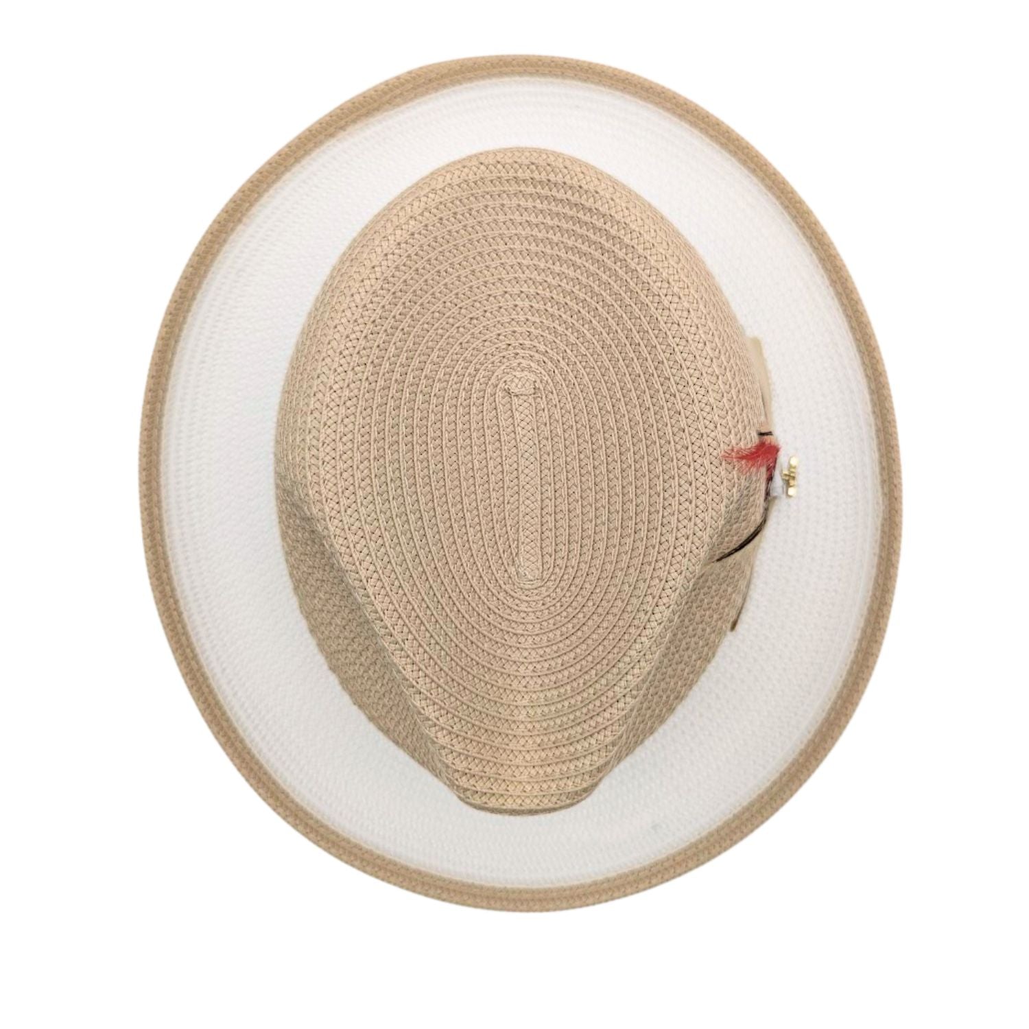 Beige and white fedora hat top view showing woven beige crown, white brim underside, tan trim, and side feather accent