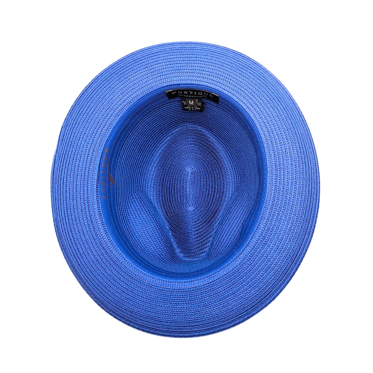 Royal blue Montique fedora hat interior view with matching brim, inner sweatband, and branded label