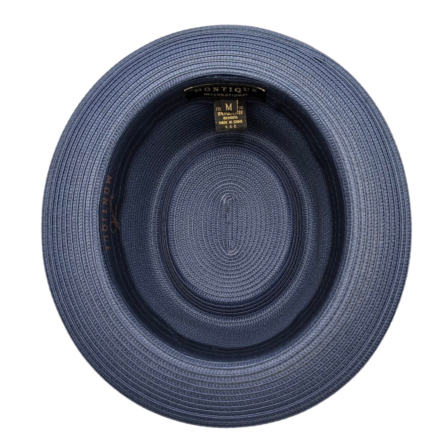 Montique navy straw pork pie hat inside view with branded sweatband