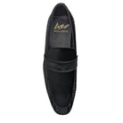 black and silver crystal studded velour moc toe smoking shoe top view