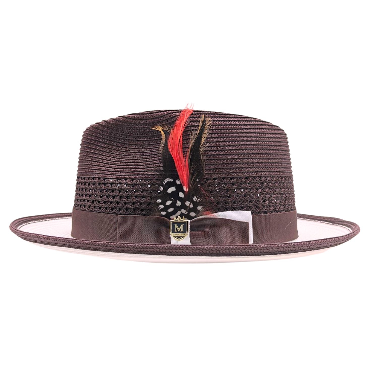 Brown and white fedora hat side view with open weave brown crown, white brim, brown band, feather accent, and Montique pin