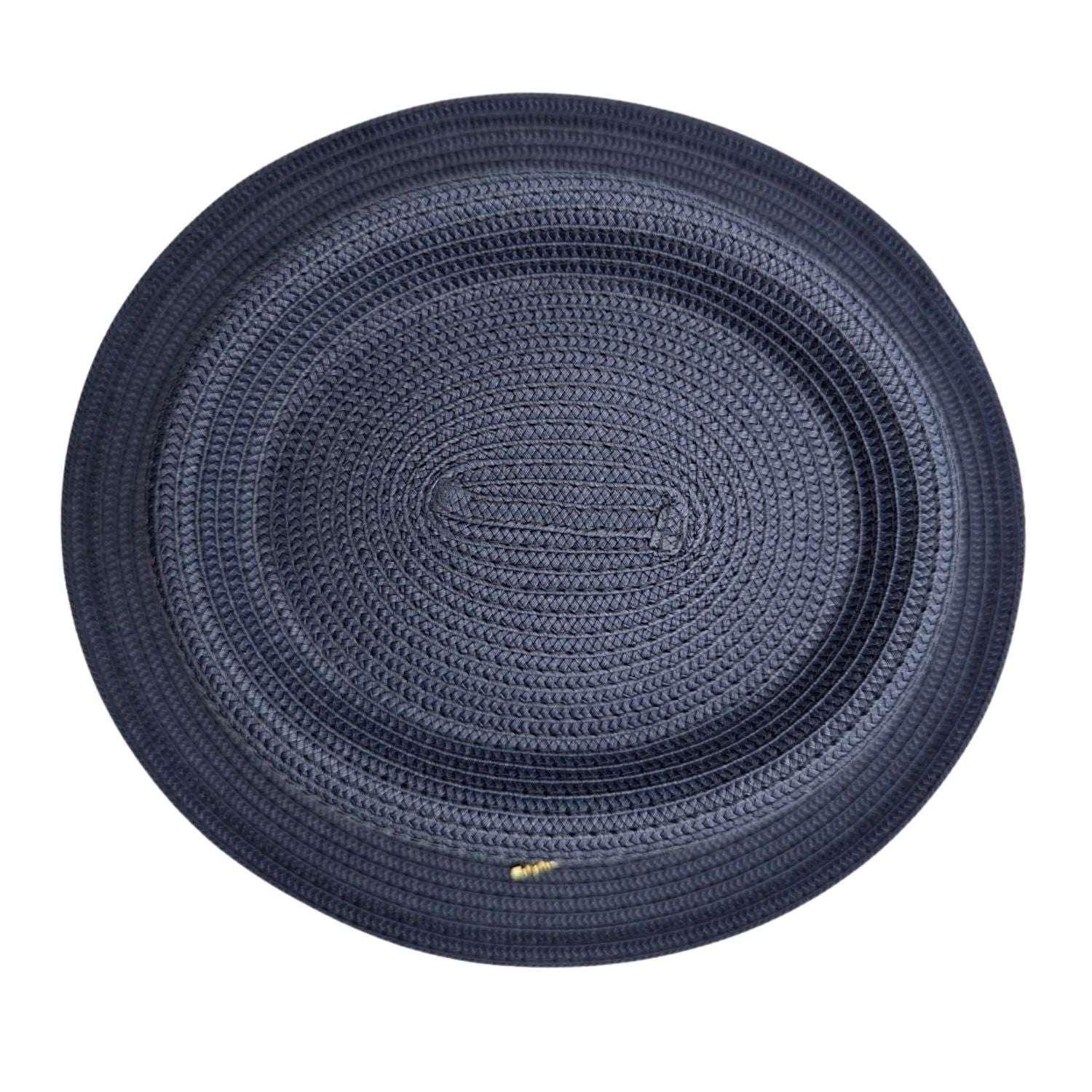 Montique navy straw pork pie hat top view with flat crown and short brim