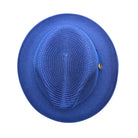 Royal blue Montique fedora hat top view with wide brim, pinch crown, matching band, and gold logo pin