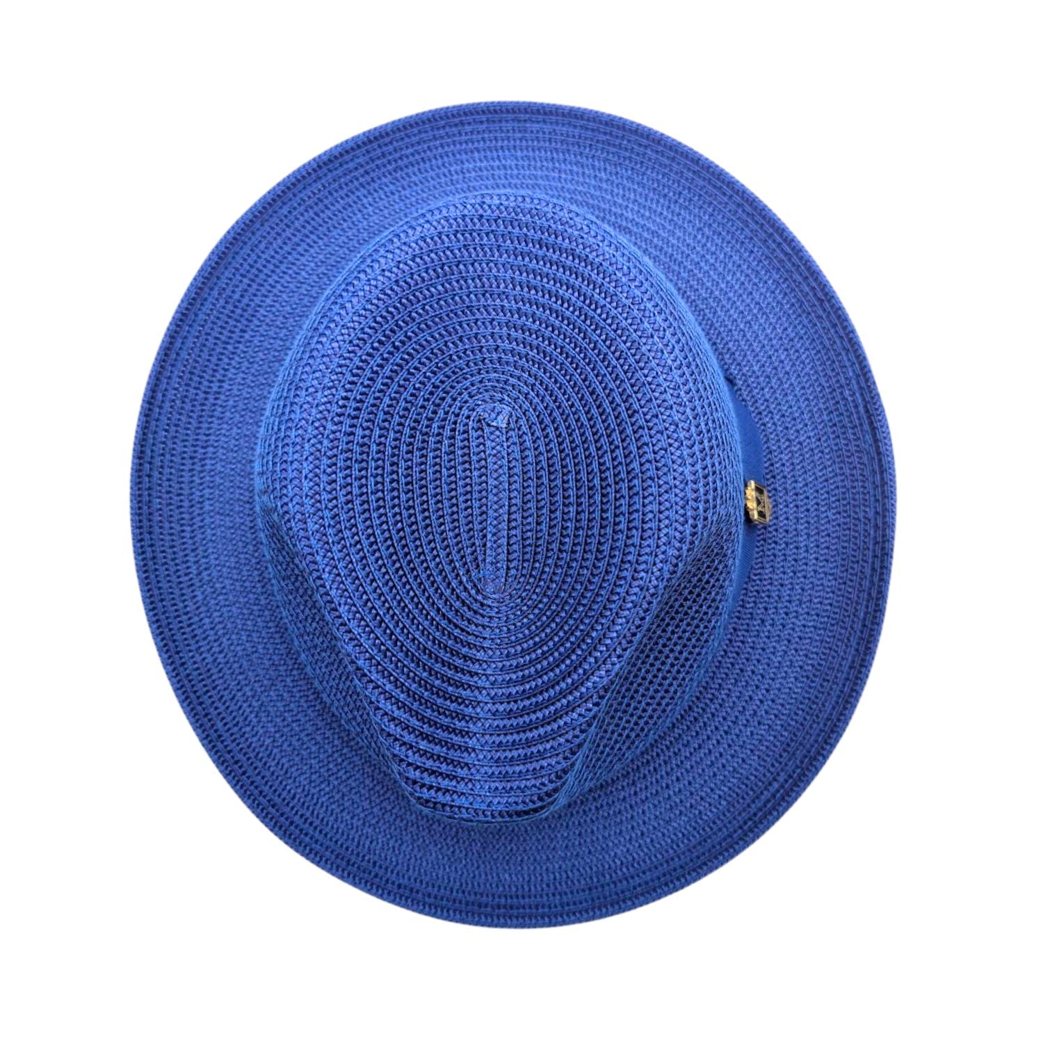 Royal blue Montique fedora hat top view with wide brim, pinch crown, matching band, and gold logo pin
