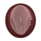 Burgundy fedora hat top view with two-tone woven crown and solid burgundy brim