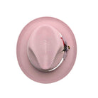Montique mauve straw fedora hat top view with feather and matching brim