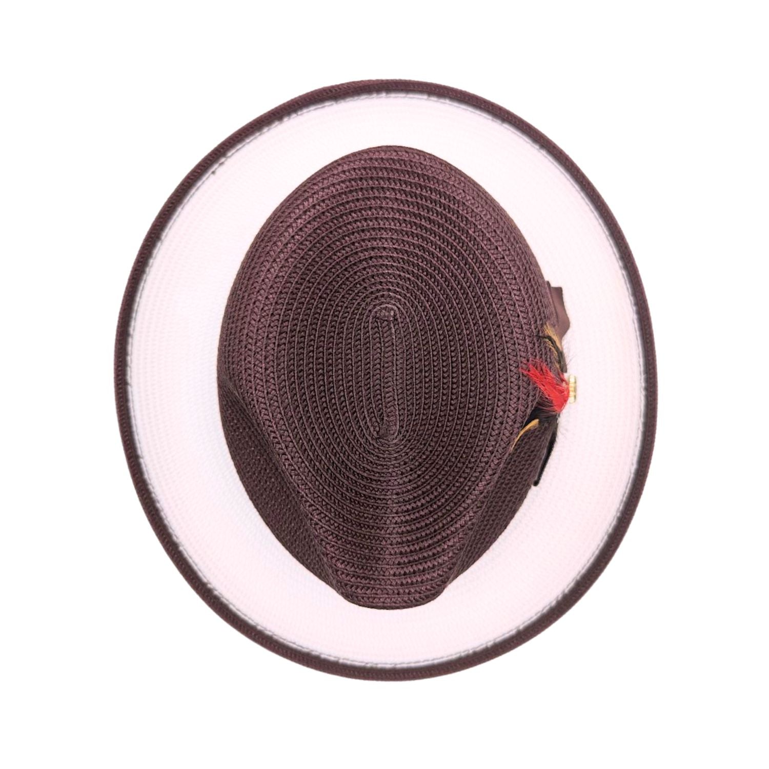 Brown and white fedora hat top view showing woven brown crown, white brim underside, brown trim, and side feather accent