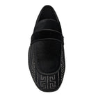 black and silver crystal studded velour moc toe smoking shoe front view