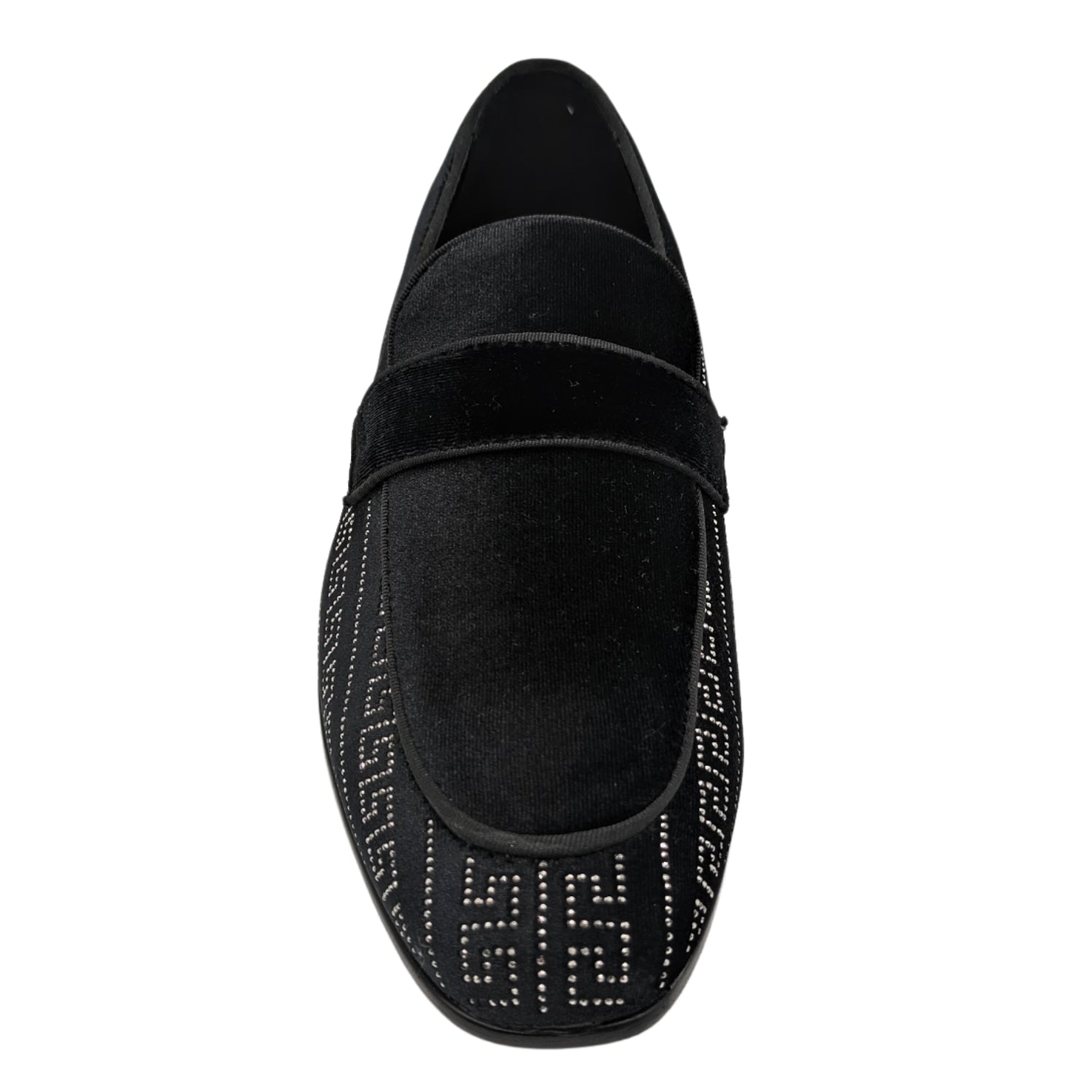 black and silver crystal studded velour moc toe smoking shoe front view