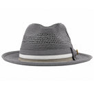 Montique gray straw fedora hat front view with vented crown and striped band