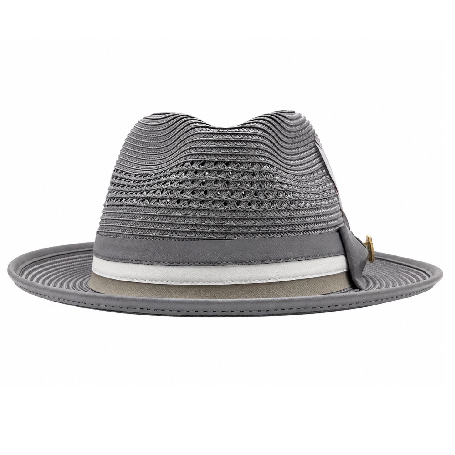 Montique gray straw fedora hat back view with vented crown and striped band