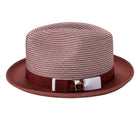 Burgundy fedora hat side view with two-tone woven crown and matching burgundy band