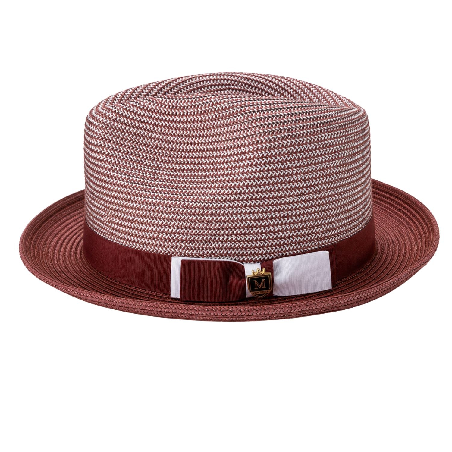 Burgundy fedora hat side view with two-tone woven crown and matching burgundy band