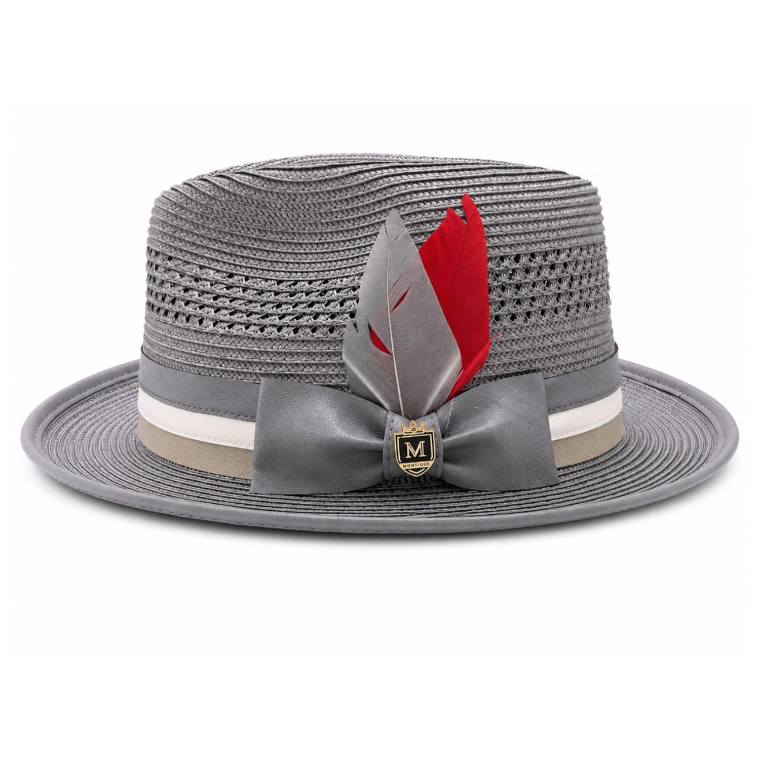 Montique gray straw fedora hat side view with vented crown and feather detail