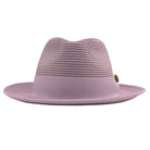 Mauve Montique fedora hat front view with pinch crown, matching mauve ribbon band, and wide brim