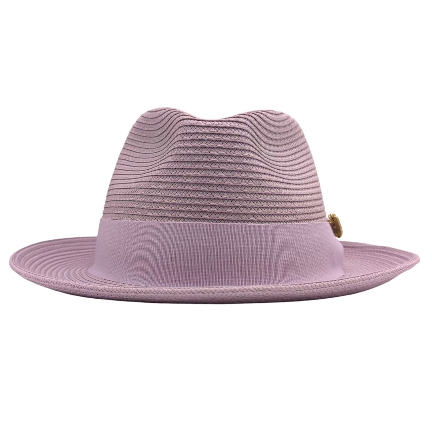 Mauve Montique fedora hat front view with pinch crown, matching mauve ribbon band, and wide brim