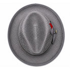 Montique gray straw fedora hat top view with feather accent