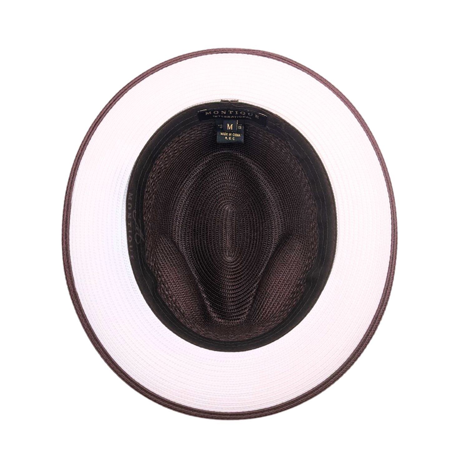 Brown and white fedora hat interior view with brown crown, white brim underside, brown edge trim, and branded sweatband