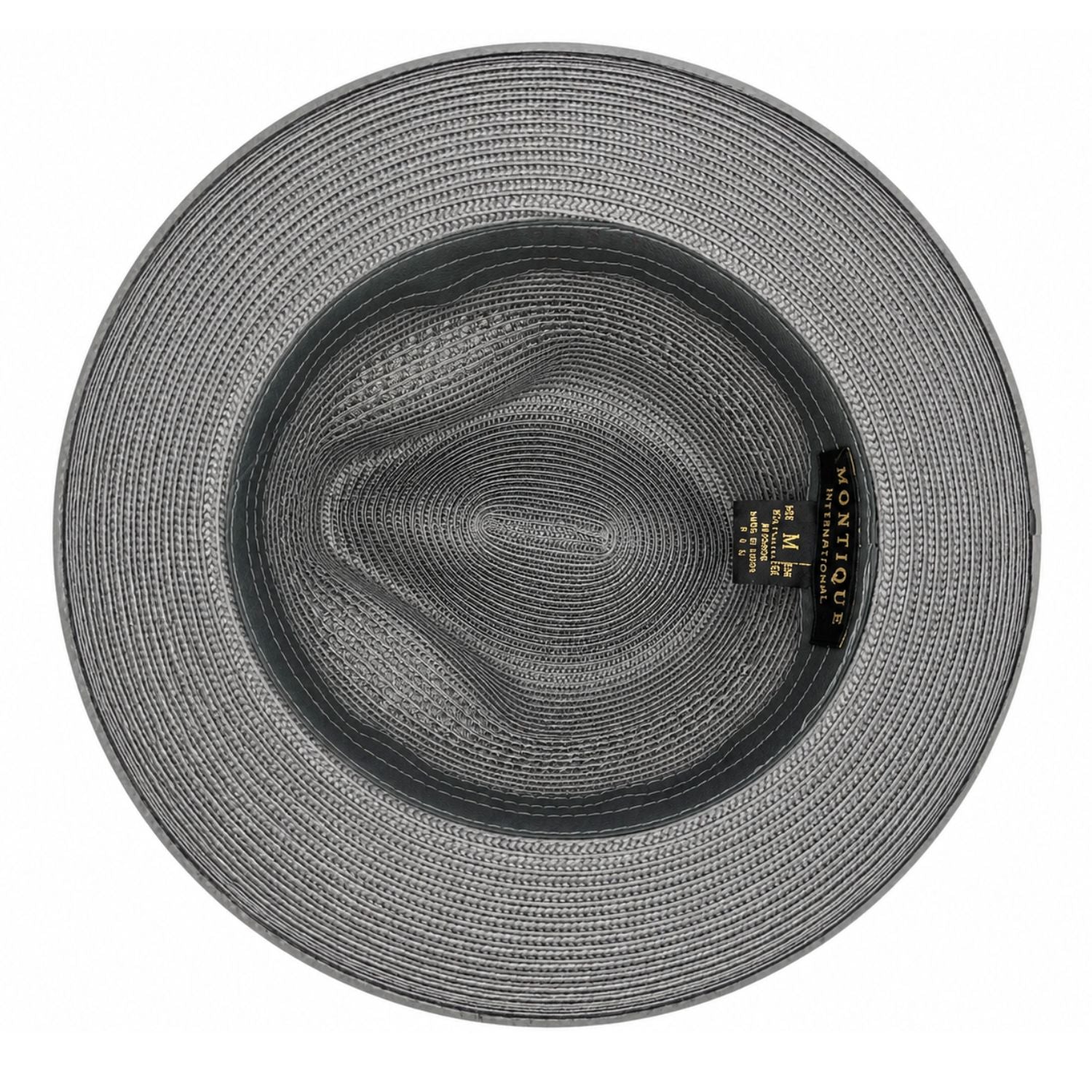 Montique gray straw fedora hat inside view with branded sweatband